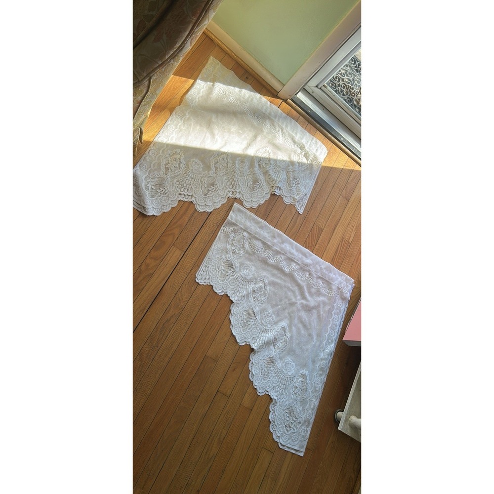 Vintage Ivory White Lace Swag Valance Rose Curtain Set Pair 1 Window 28"x 31"